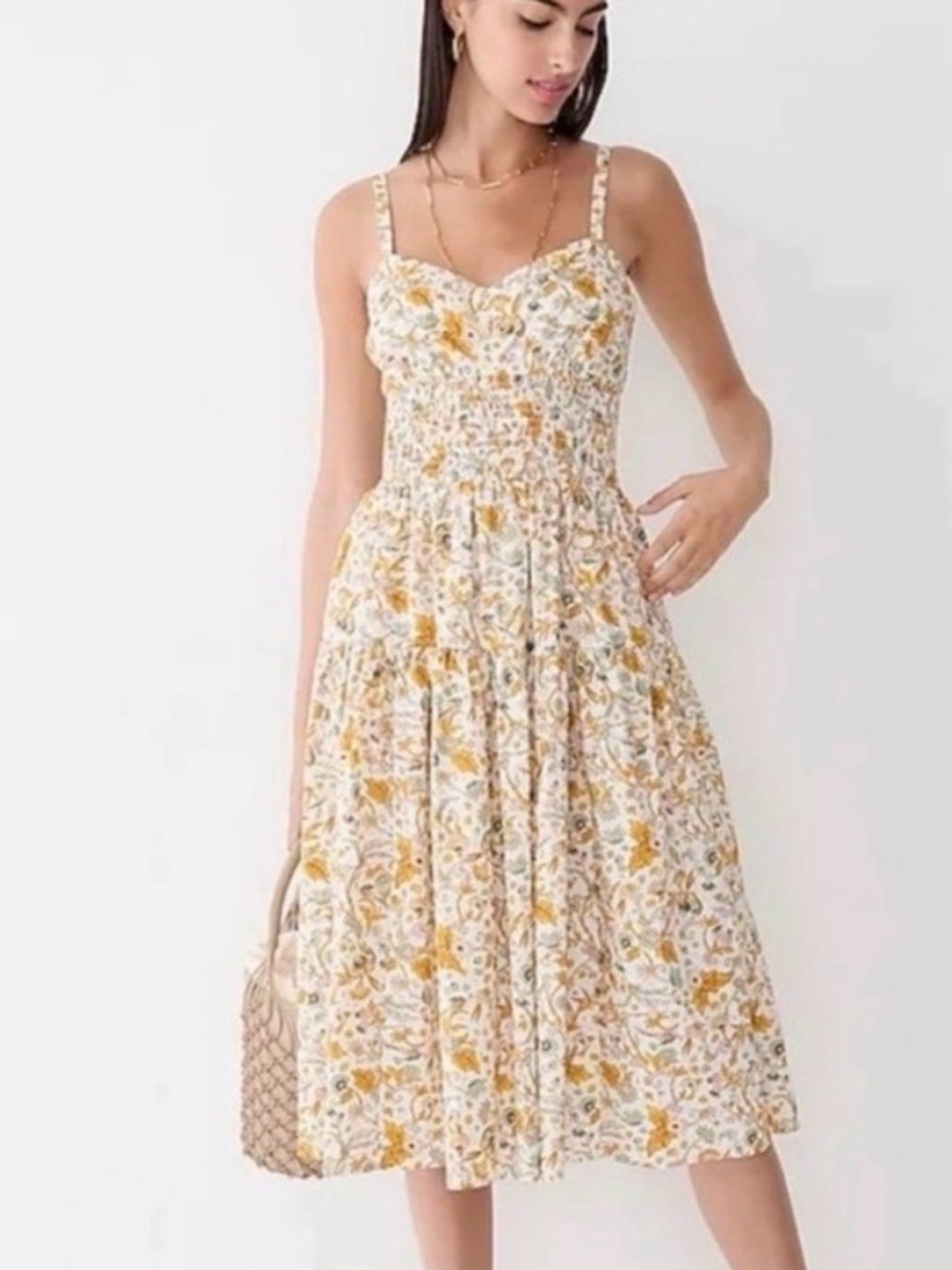 J. Crew White Midi Dress with Mustard Floral Print
